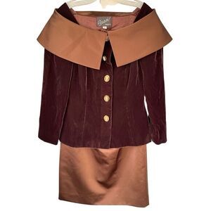 T2 90s VTG Arnold‎ Scaasi Velvet Skirt Blazer Suit Chocolate Size 8
